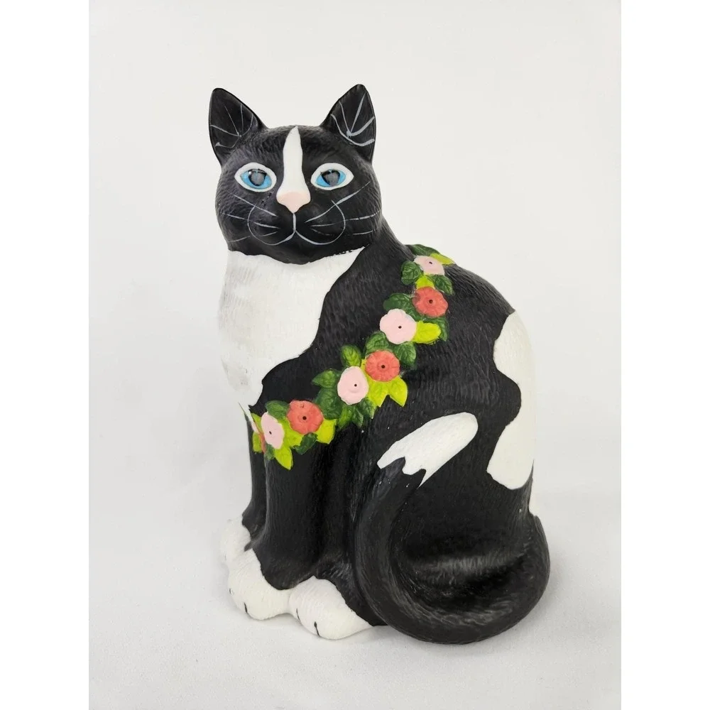 Vtg Mary Lake Thompson Black Cat Flowers Ceramic Silvestri Hawaiian Lei Gardener